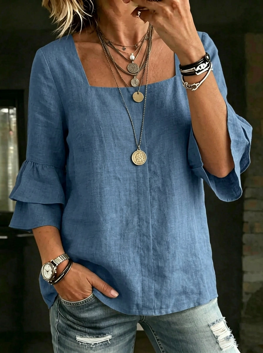 Women's Causal Square-neck Ruffled Three-quarter Sleeves Cotton Shirt