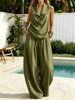Casual Resort Sleeveless Collared Top And Loose-fitting Trousers Set