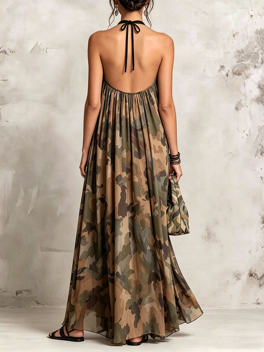 Women's Camouflage Print Halter-neck Sleeveless Casual Loose Chiffon Dress