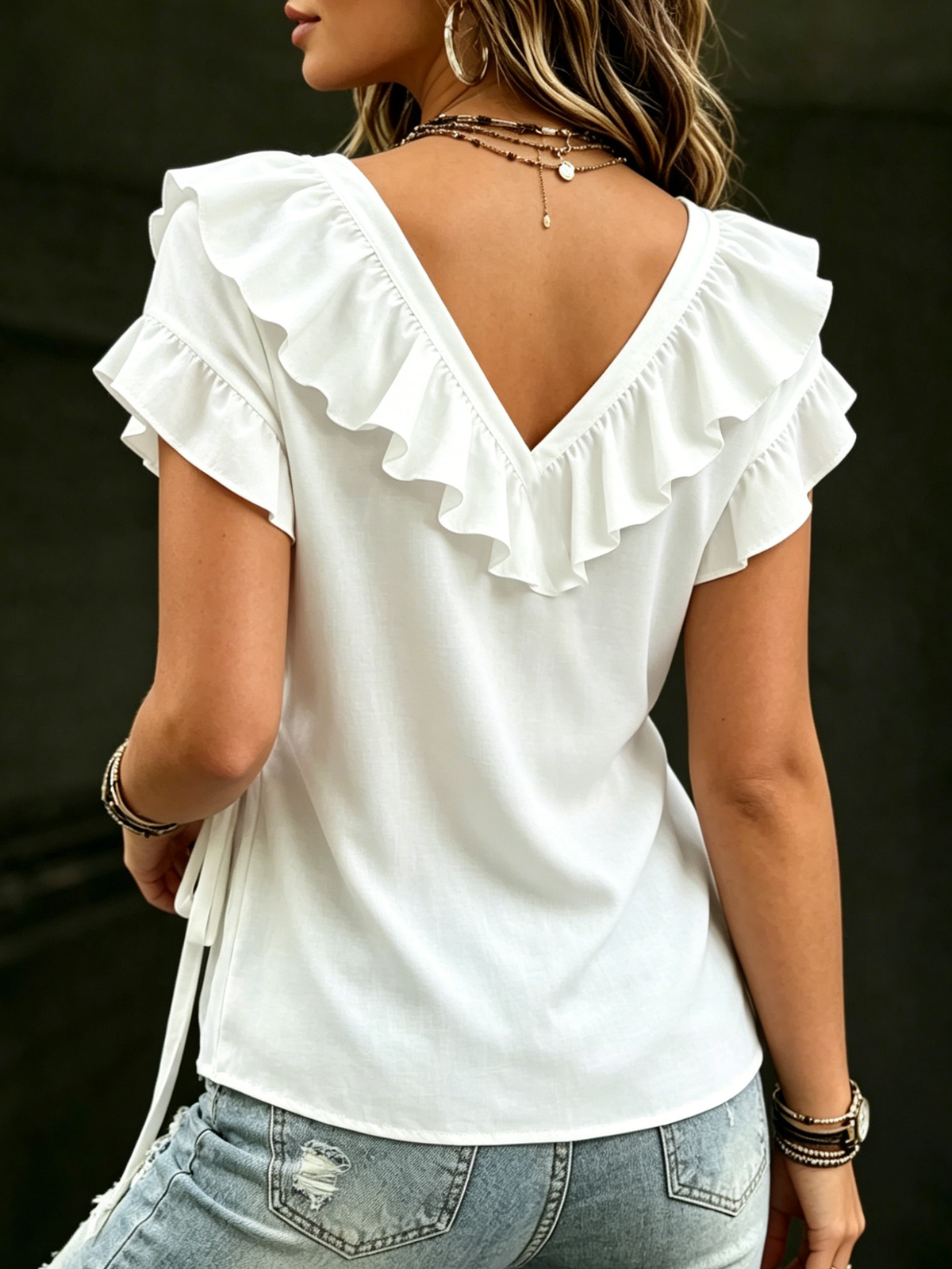 Women's Elegant V Neck Wrap Blouse Side Tie Short Sleeve Shirt Casual Layered Ruffle Trim Tops Flutter Sleeve Chiffon Shirt