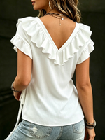 Women's Elegant V Neck Wrap Blouse Side Tie Short Sleeve Shirt Casual Layered Ruffle Trim Tops Flutter Sleeve Chiffon Shirt