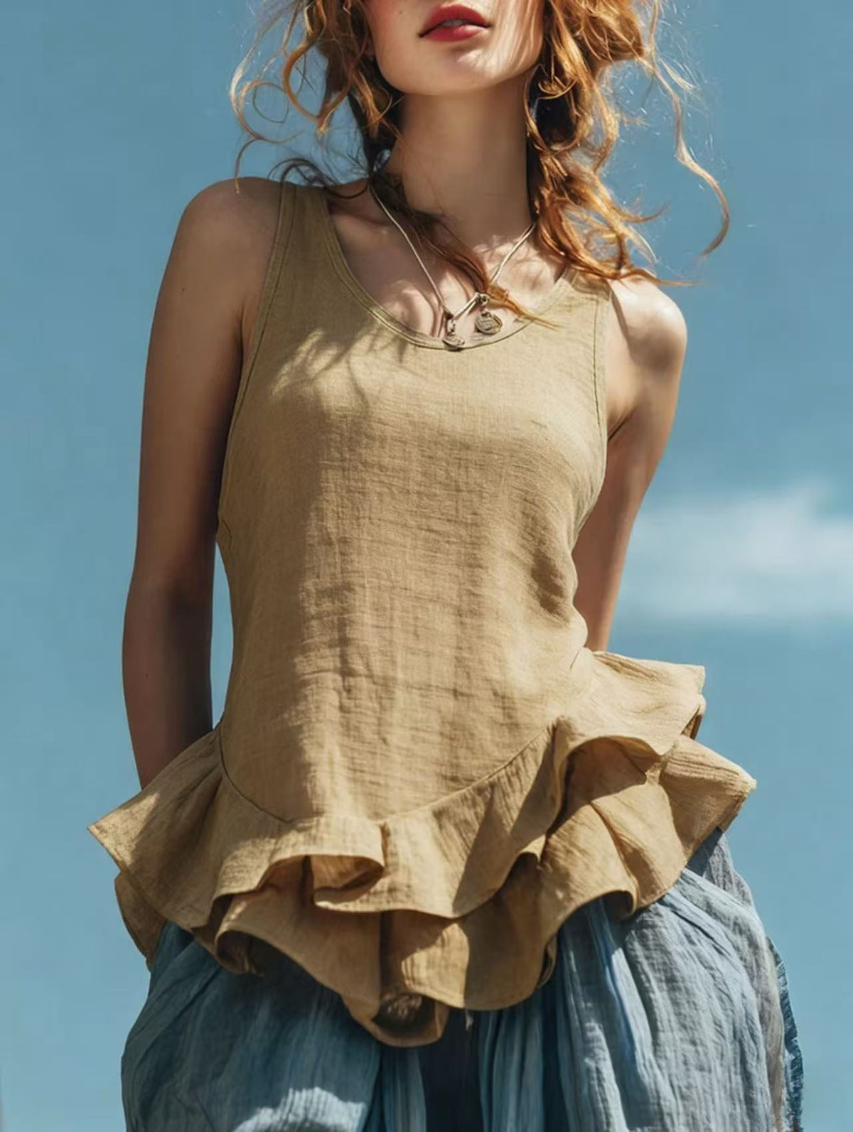 Women's Cotton And Linen Ruffle Sleeveless Vest