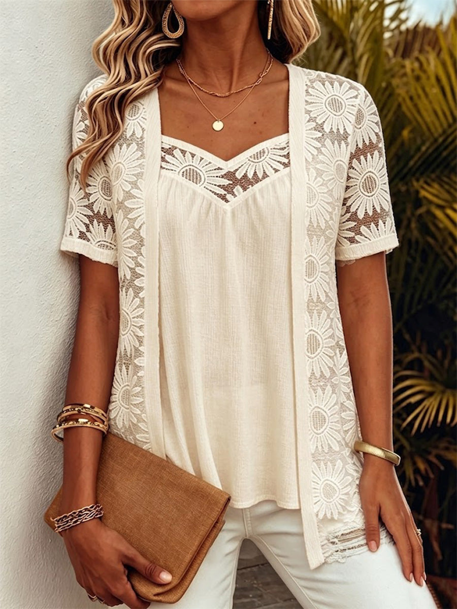 Faux-layered Top Featuring Patterned Lace, Mesh, And Cut-out Detailing.