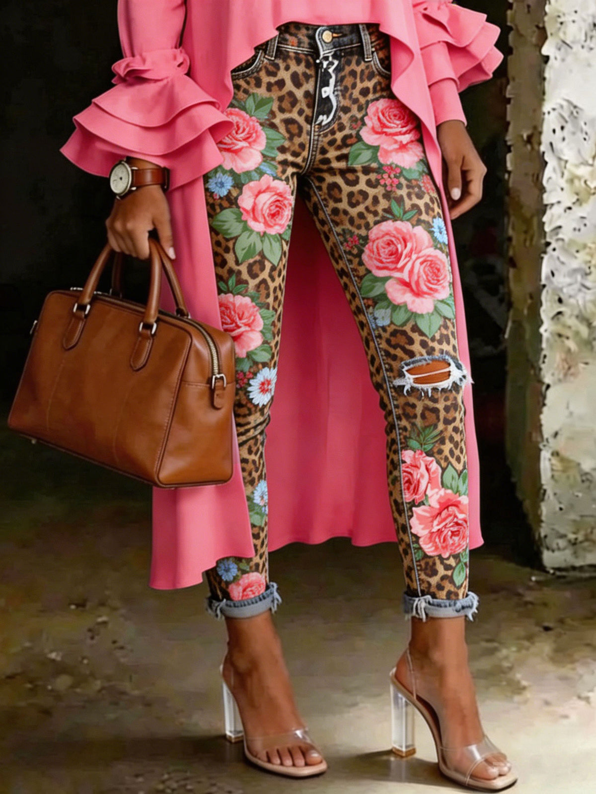 Women's Leopard Floral Art Print Art Ripped Skinny Jeans