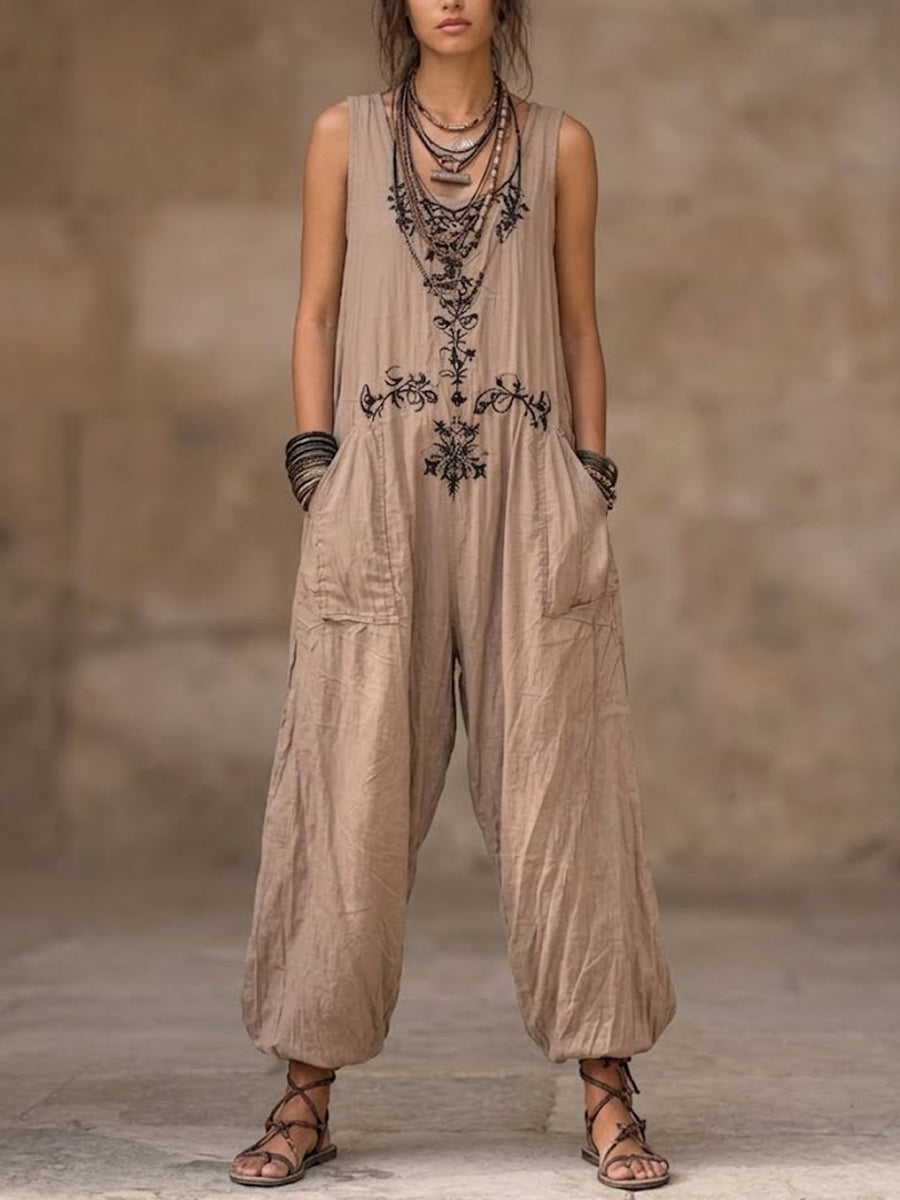Women's Bohemian Pattern Printed Cotton-linen Sleeveless Jumpsuit