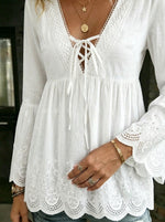 Women's Causal V-neck Lace-trimmed Cotton Top
