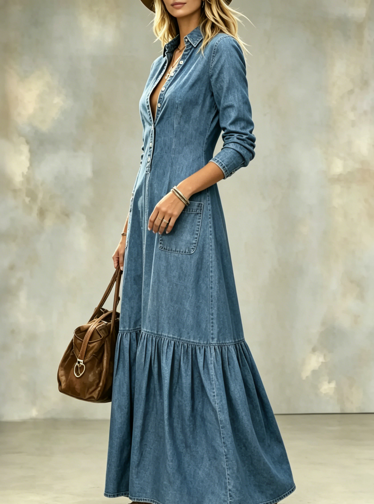 Retro Button Up Ruffle Maxi Denim Dress