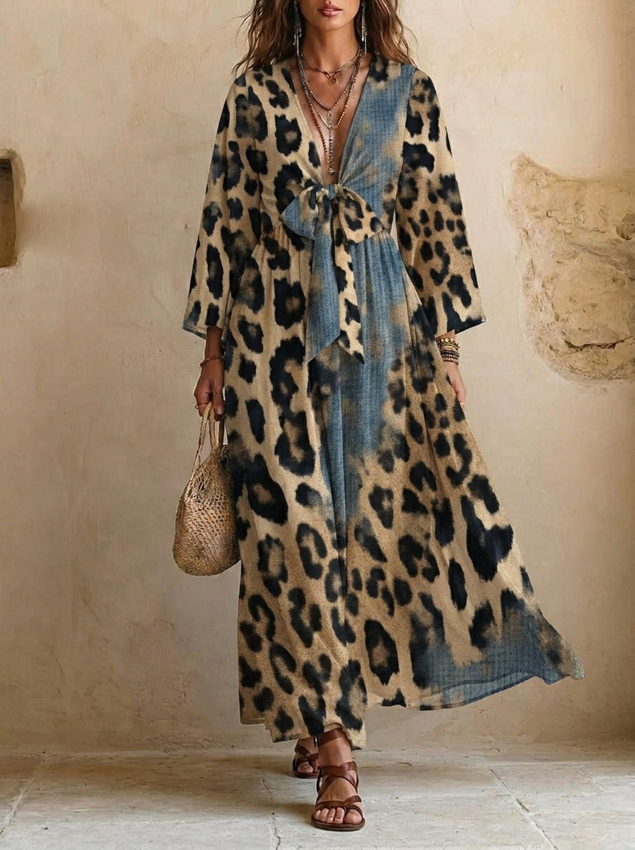 Women's Vintage Leopard Print Chiffon Bow-Tie Dress