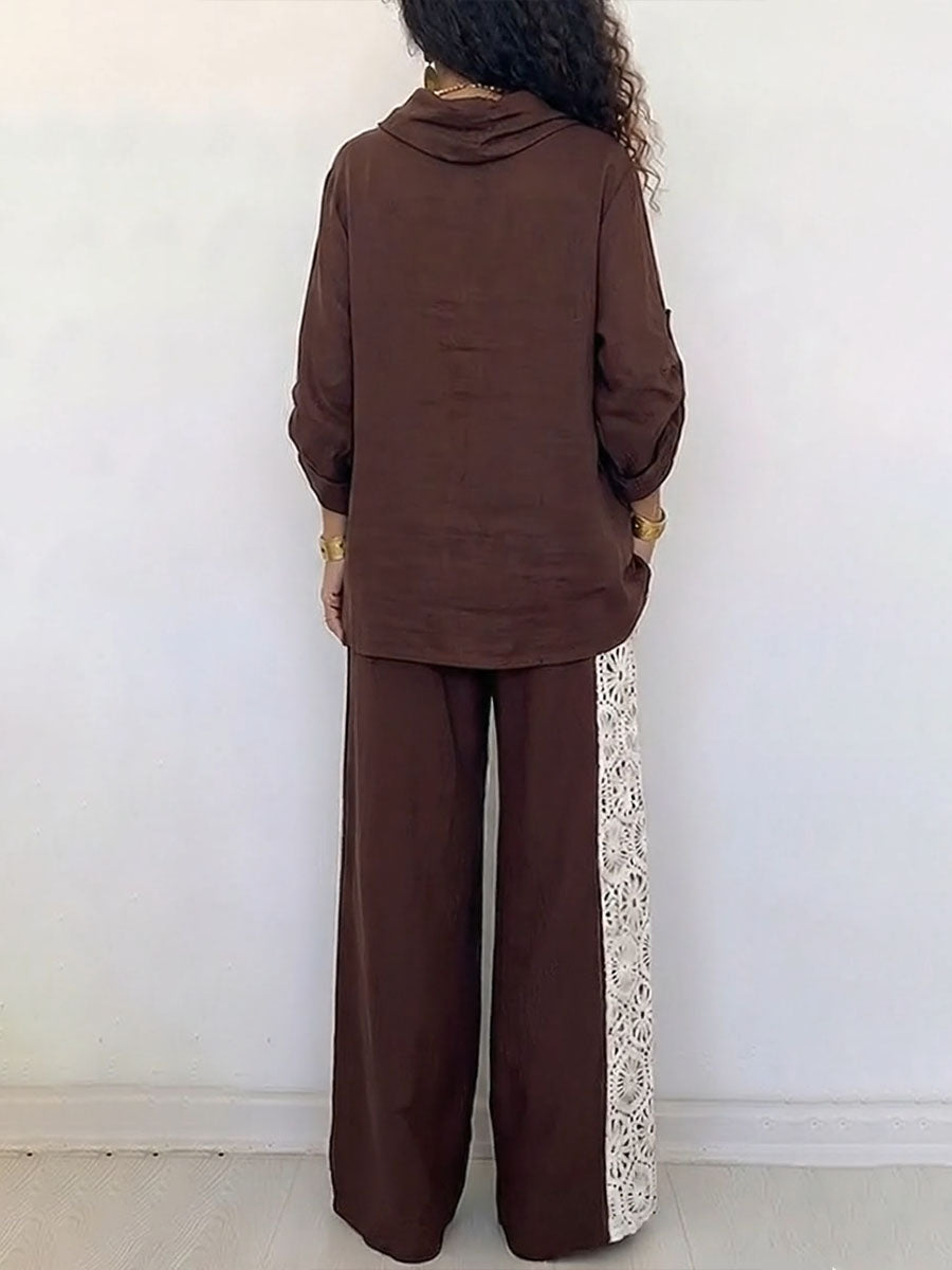 Women's Cotton-linen Set With Lace-trimmed Cowl Neck