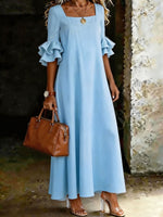Women's Elegant Square Neckline Ruffle Sleeve Flowy Maxi Dress