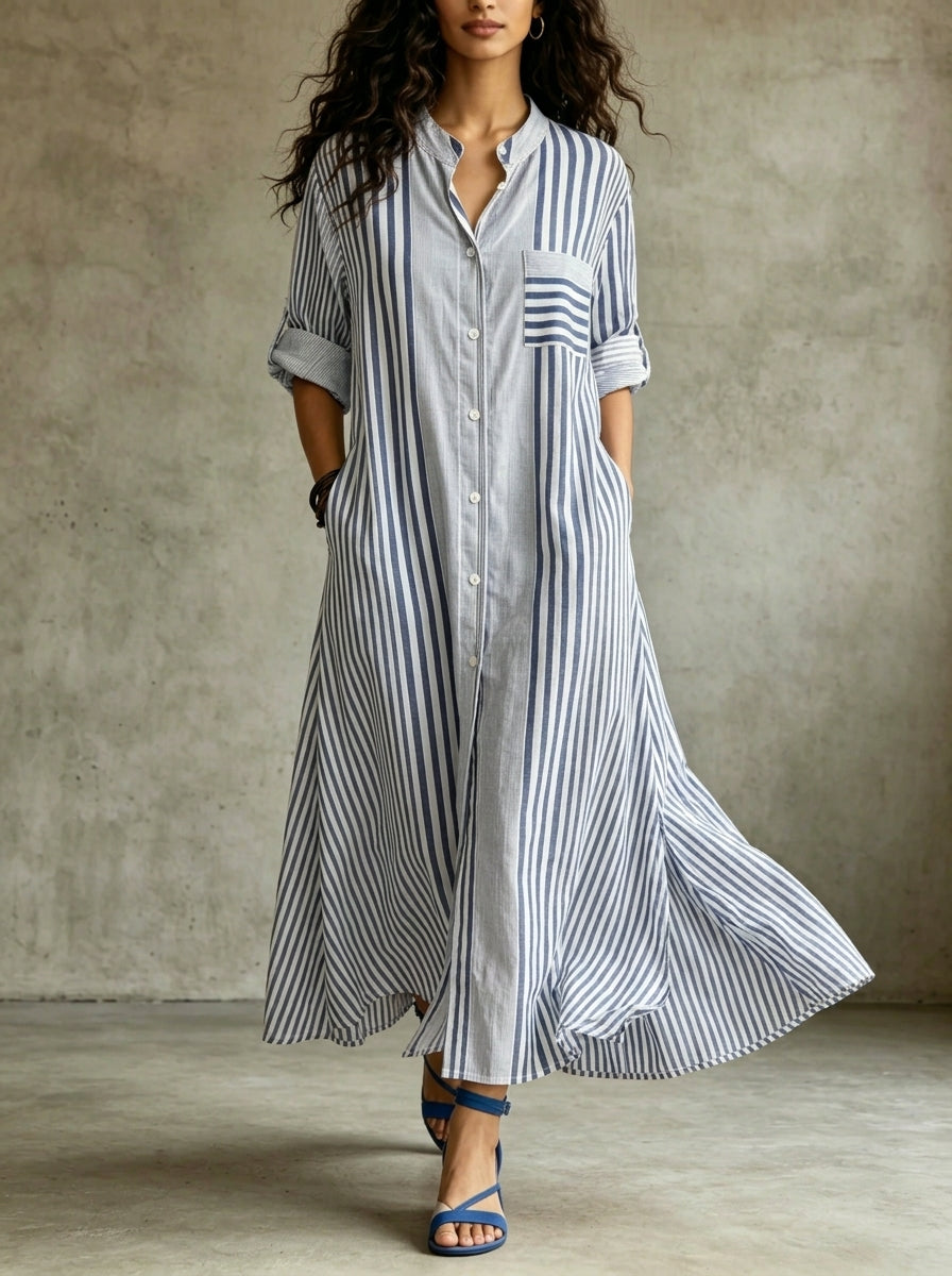 Women's Striped Print Stand-Collar Long-Sleeve Maxi Dress