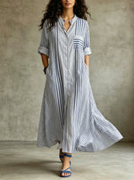 Women's Striped Print Stand-Collar Long-Sleeve Maxi Dress