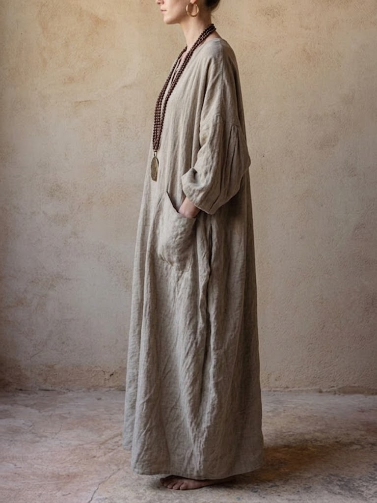 Women's Simple Bohemian Style Loose Cotton And Linen Dress