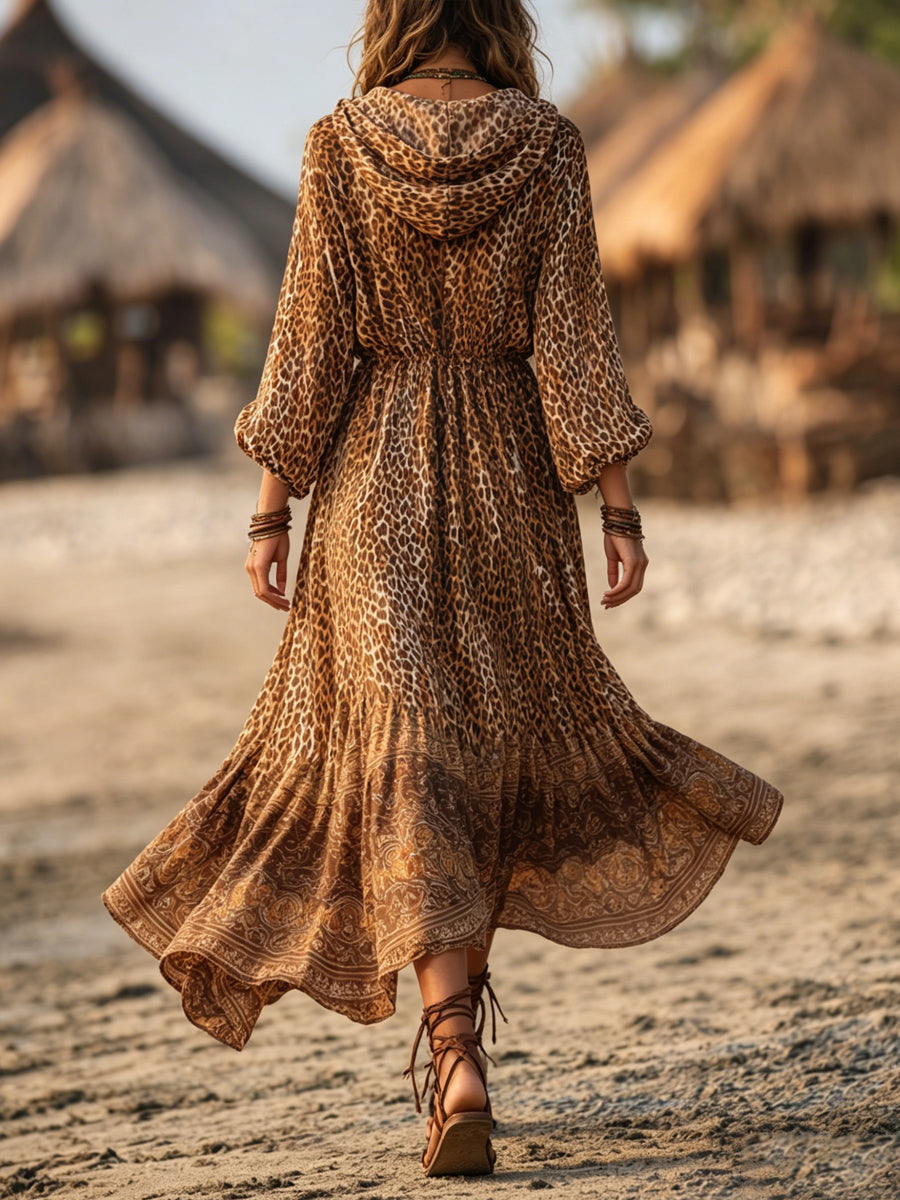 Women's Bohemian Leopard Print Hooded Maxi Dress