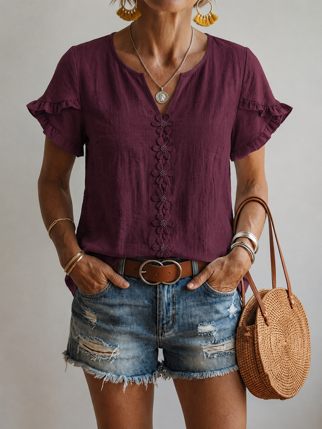 Floral-embroidered V-neck Casual Shirt With Ruffled Short Sleeves