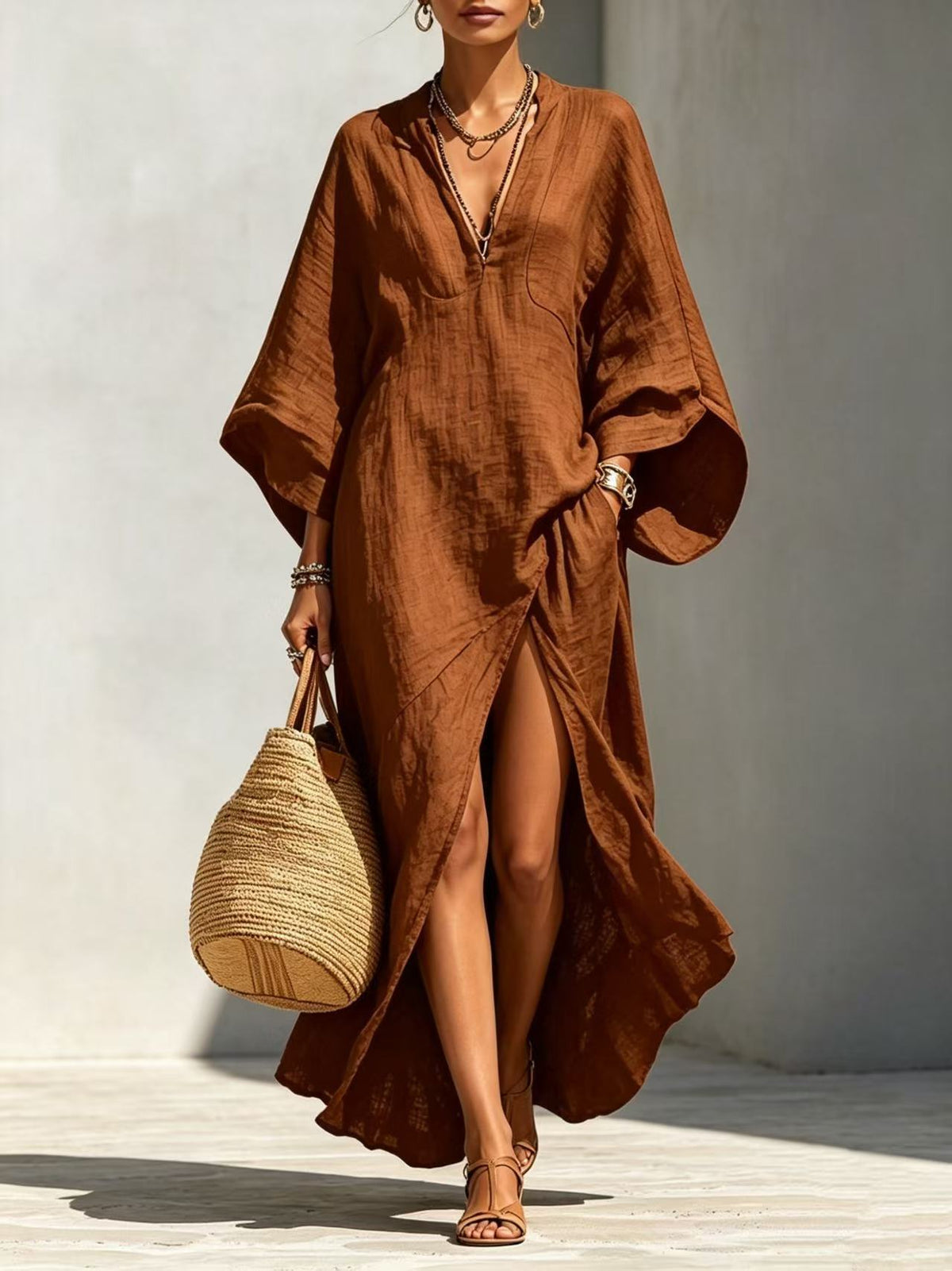 Women's V-neck Lazy Style Batwing Sleeve Loose Long Vacation Dress