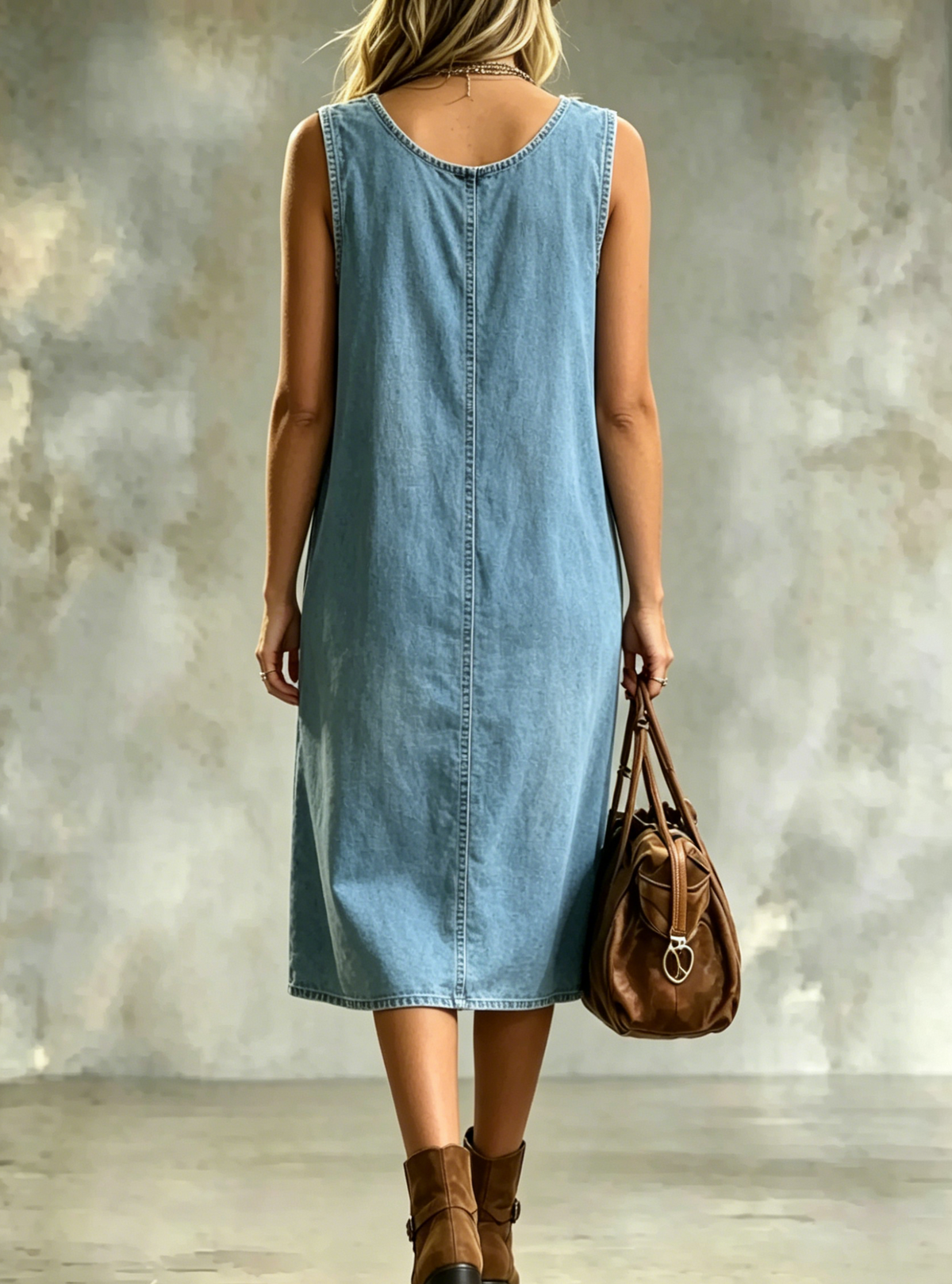 Women's Casual Denim Dress Crochet Lace Neck Sleeveless Midi Jean Dresses