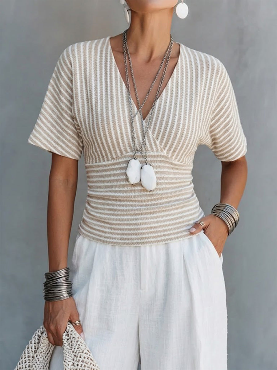 Slimming V-neck Striped Top With Batwing Sleeves And A Fitted Waist