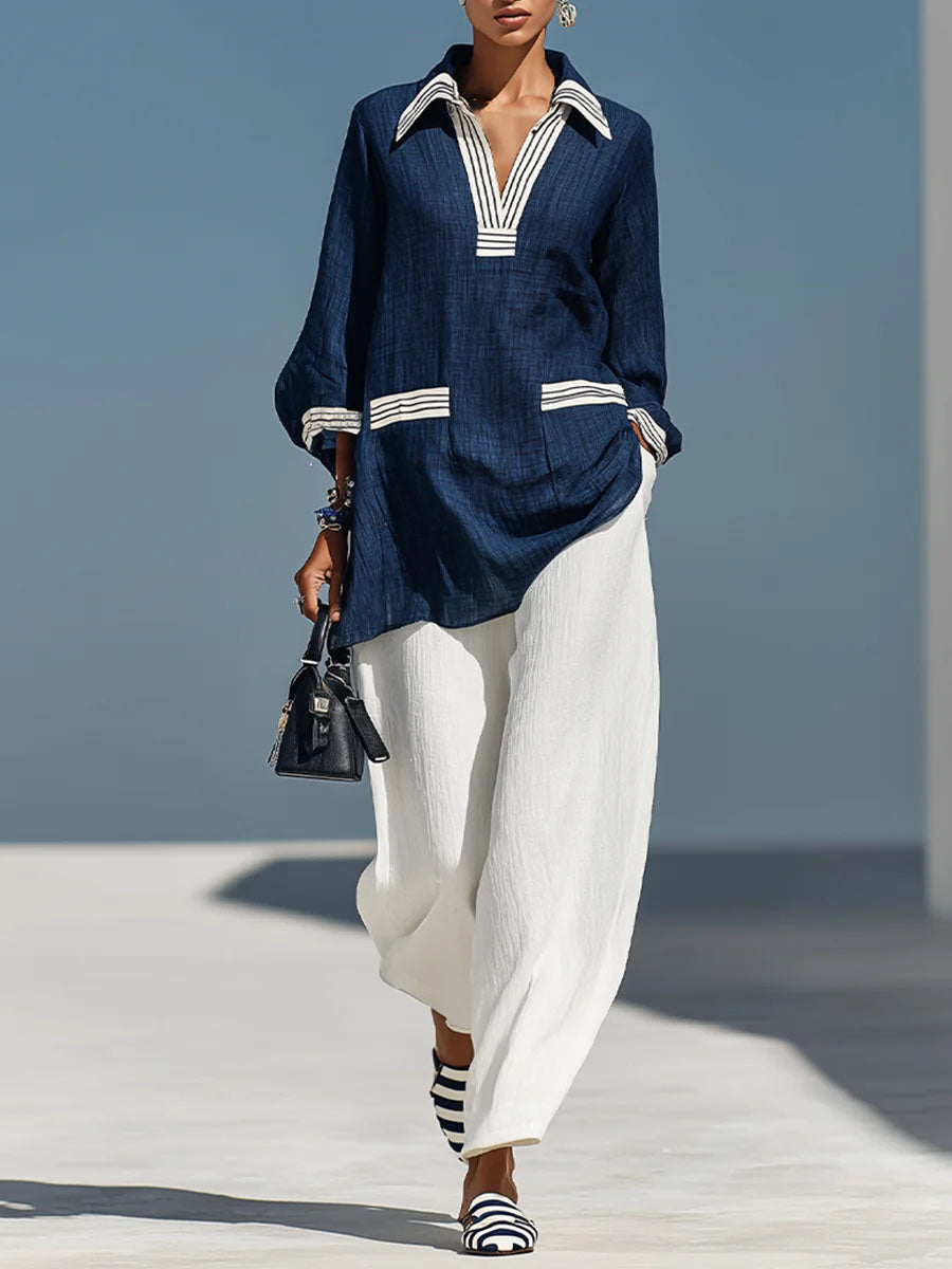 Women's Minimalist Color-block Polo-collar Shirt