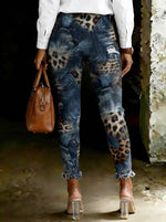 Women's Floral Leopard Print Art Ripped Skinny Jeans