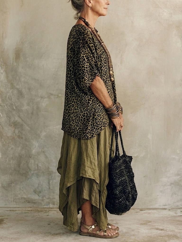 Women's Leopard Print Blouse With Irregular Hem Half Skirt Cotton And Linen Set