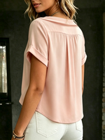 Women's Elegant Bow Tie Neck Blouse Side Button Down Short Sleeve Shirt Casual Asymmetric Layered Hem Tops Dressy Chiffon Shirt