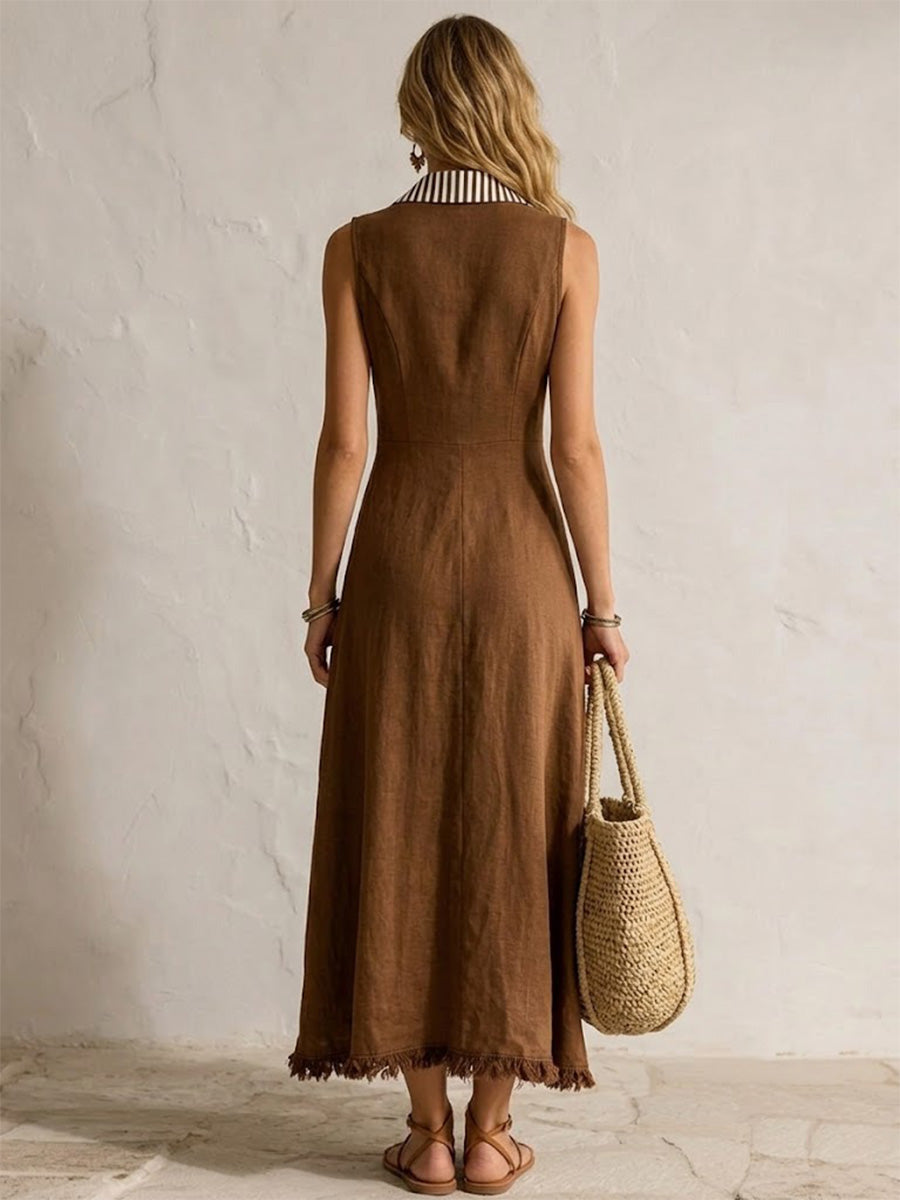 Button-front Striped Collared Raw Hem Waisted Sleeveless Dress