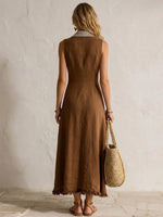 Button-front Striped Collared Raw Hem Waisted Sleeveless Dress