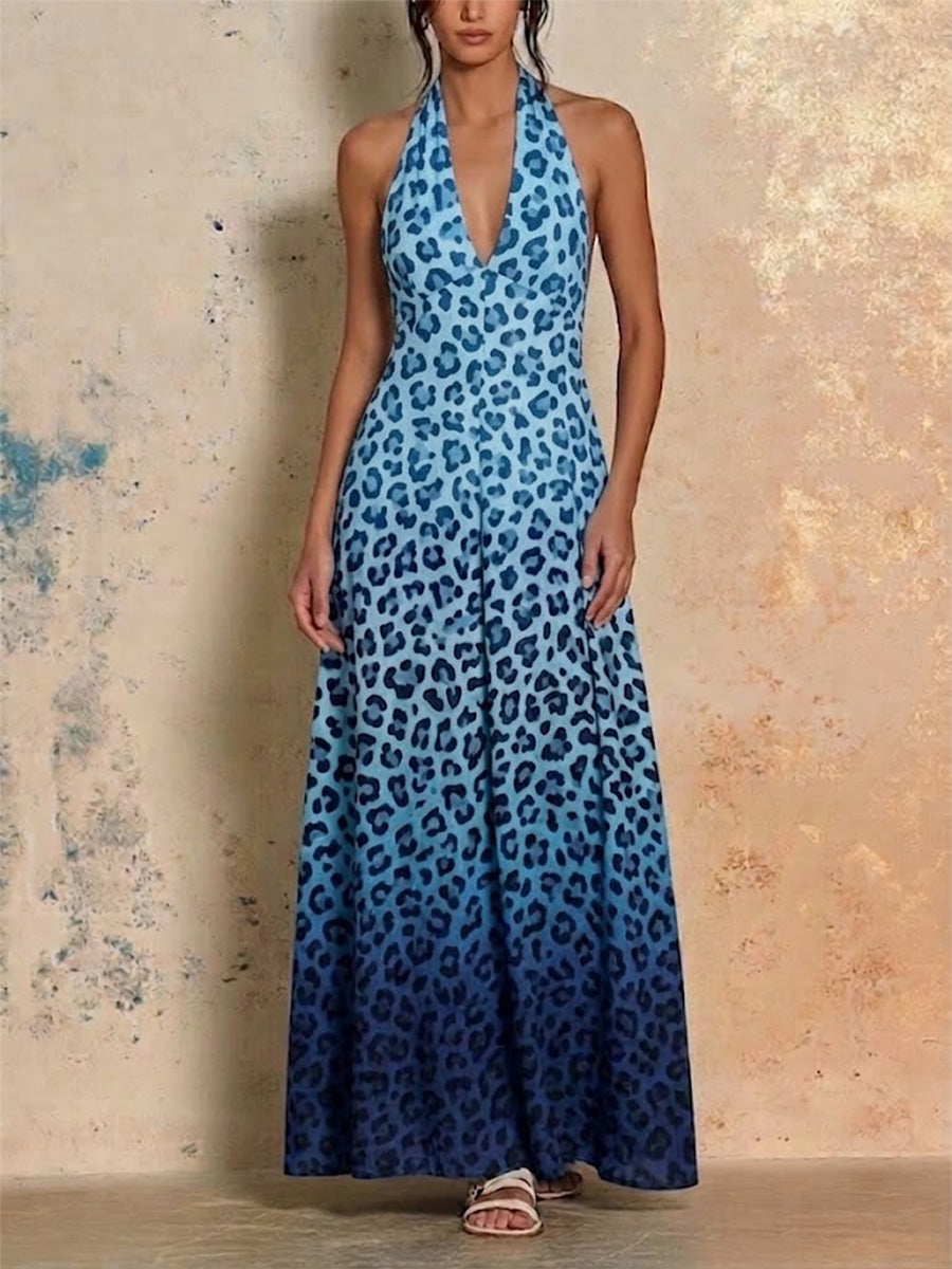 Gradient Leopard Print Halter Maxi Dress