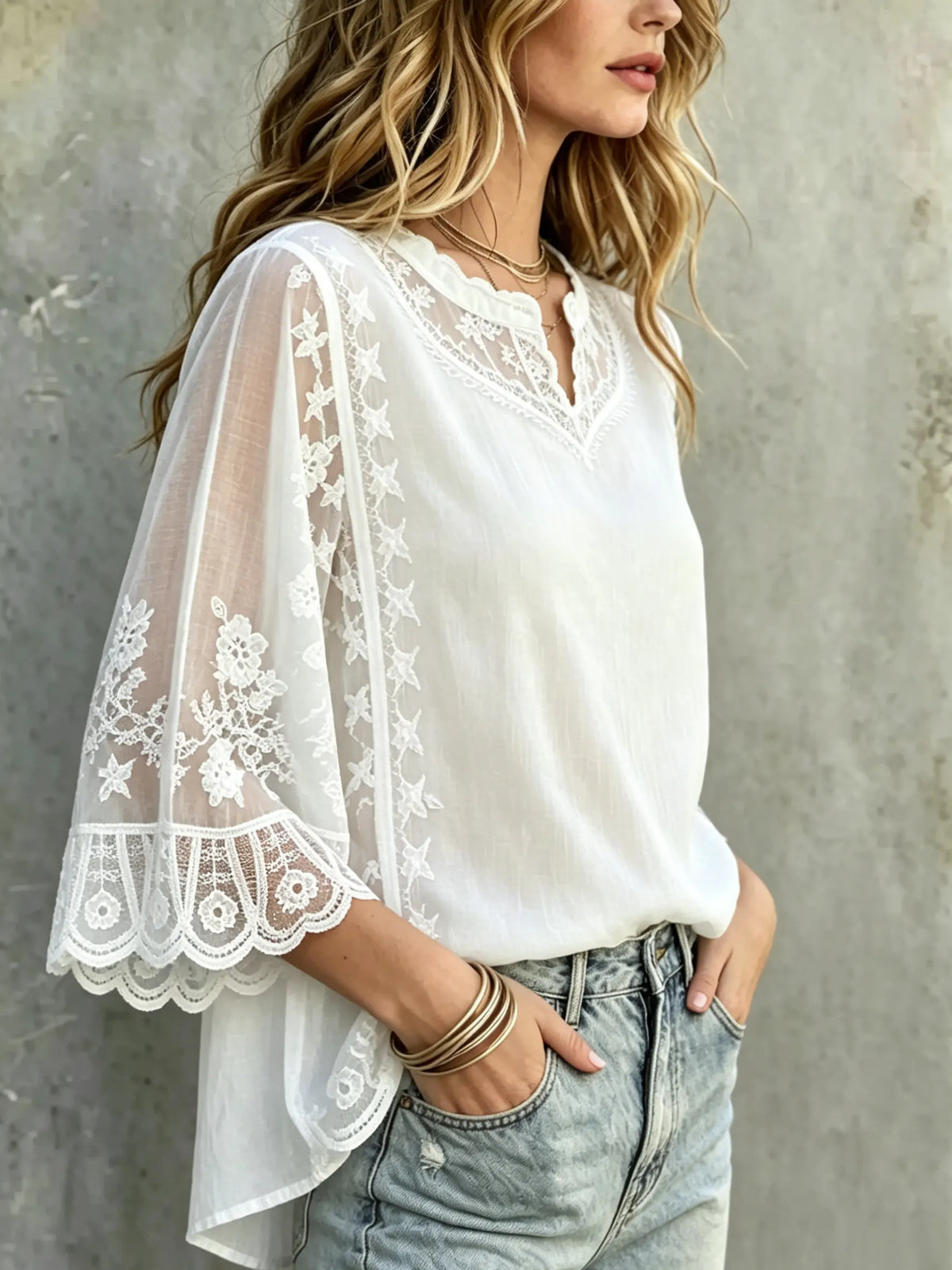 Women's Boho Romantic Flare Sleeve White Sheer Lace Top