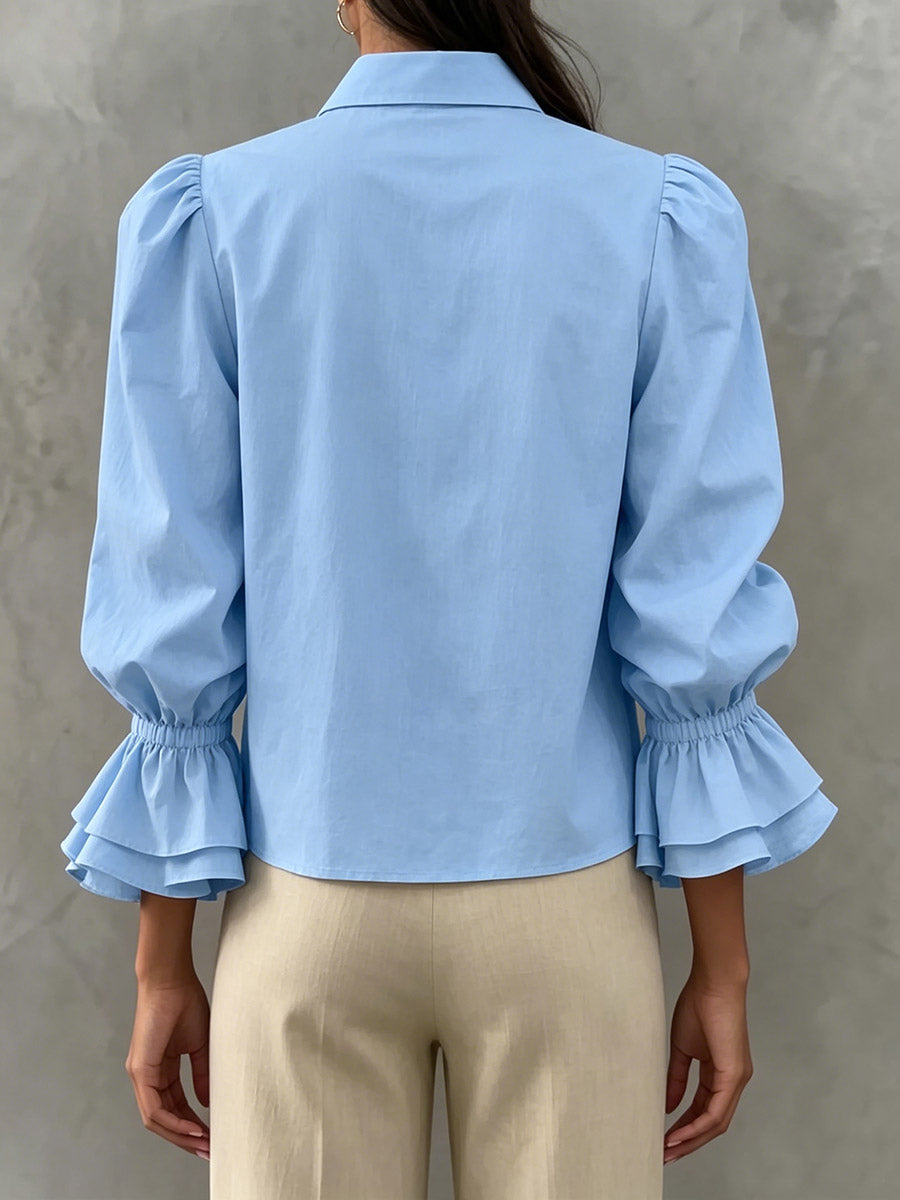 Women's Solid Color V-neck Long-sleeve Casual Loose Cotton-linen Top