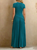 Women’s Elegant High-elasticity Round-neck Short-sleeve Pleated Patchwork Causal Pocket Maxi Dress