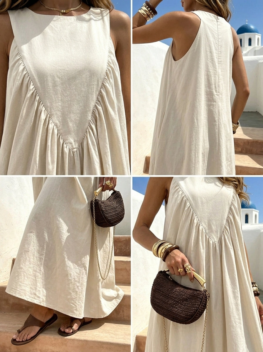 Women’s Solid-color Shirred Swing Pleated Flowy Casual Pocket Sleeveless Maxi Dress