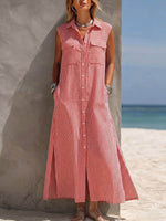 Women's Striped Print Sleeveless Cotton-linen Casual Loose Dress With Collar