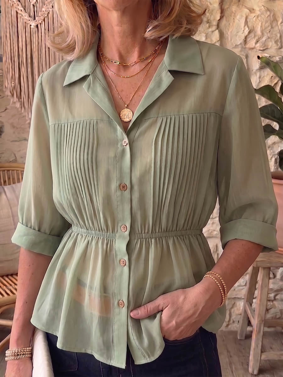 Women's Solid Color Lapel 3/4 Sleeve Casual Loose Chiffon Top