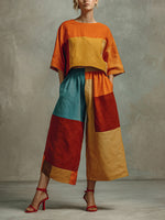 Women's Casual Cotton-linen Colorblock Set