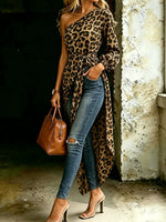 Women's Fashion Leopard One Shoulder Ruffled Long Shirt