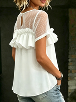 Women's Elegant Sheer Mesh Blouse Polka Dot Patchwork Short Sleeve Shirt Casual Layered Ruffle Tops Asymmetric High Low Hem Chiffon Shirt