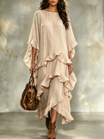 Women's Boho Crew Neck Tiered Ruffle Maxi Dress