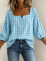 Vintage Square-neck Gingham Cotton-linen Shirt