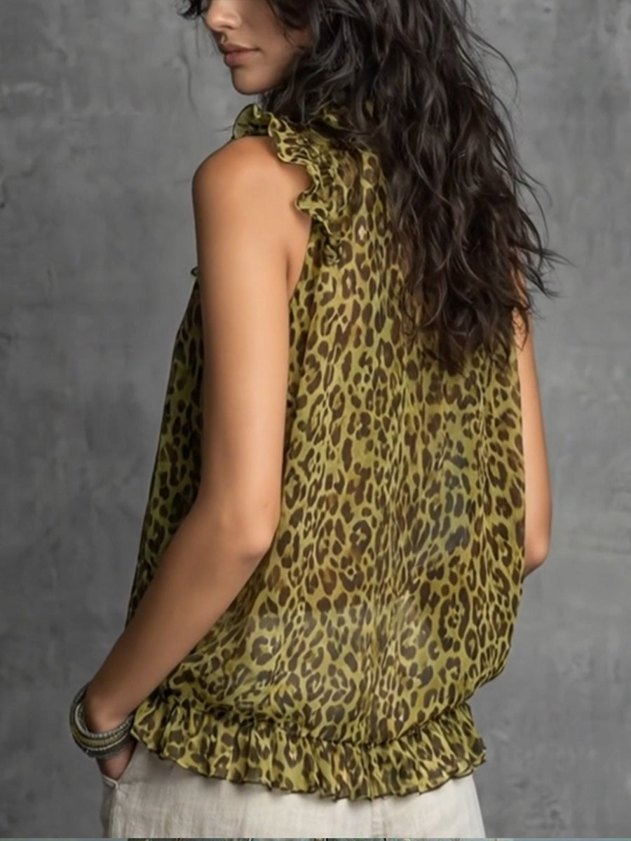 Chic And Casual Sleeveless Leopard-print Chiffon Top With A Half-zip.