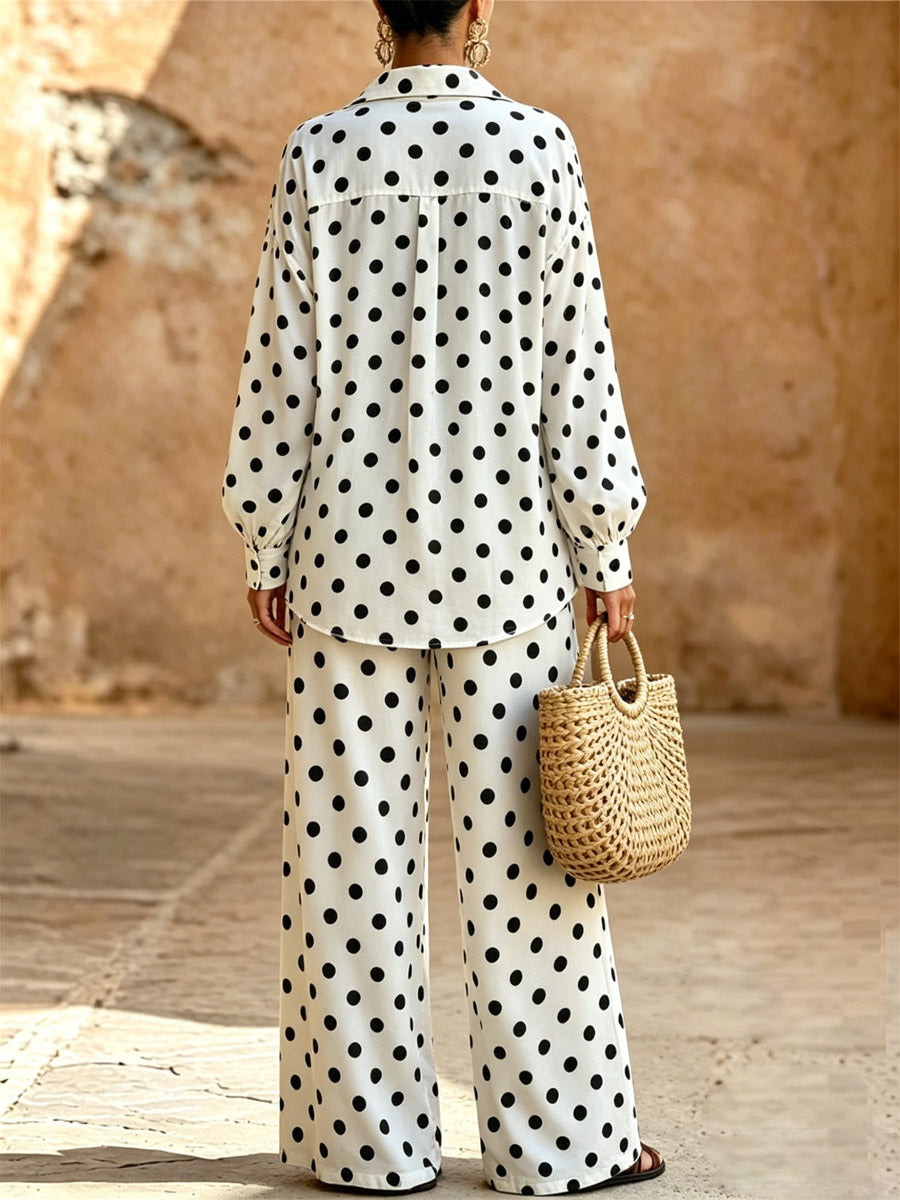 Women's Polka Dot Art Comfortable Casual Stylish Cardigan And Pants Cotton Two-piece Set