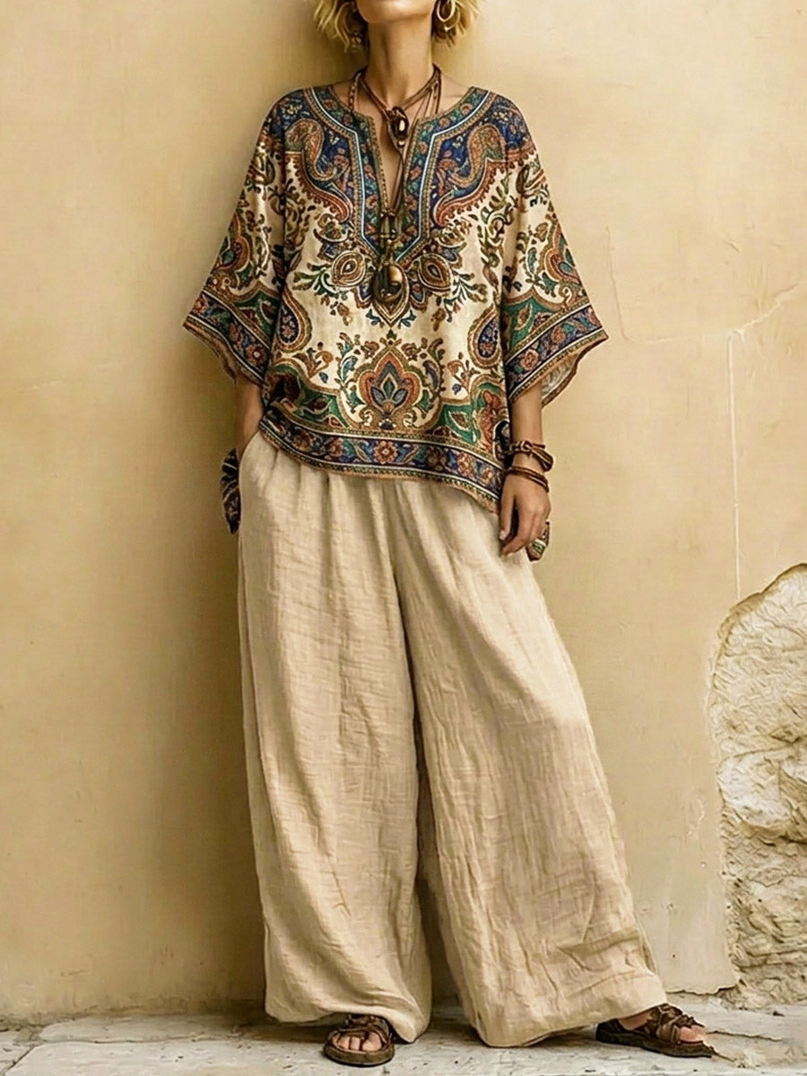 Women's Ethnic Floral Art Comfortable Casual Top And Pants Cotton Linen Two-piece Set