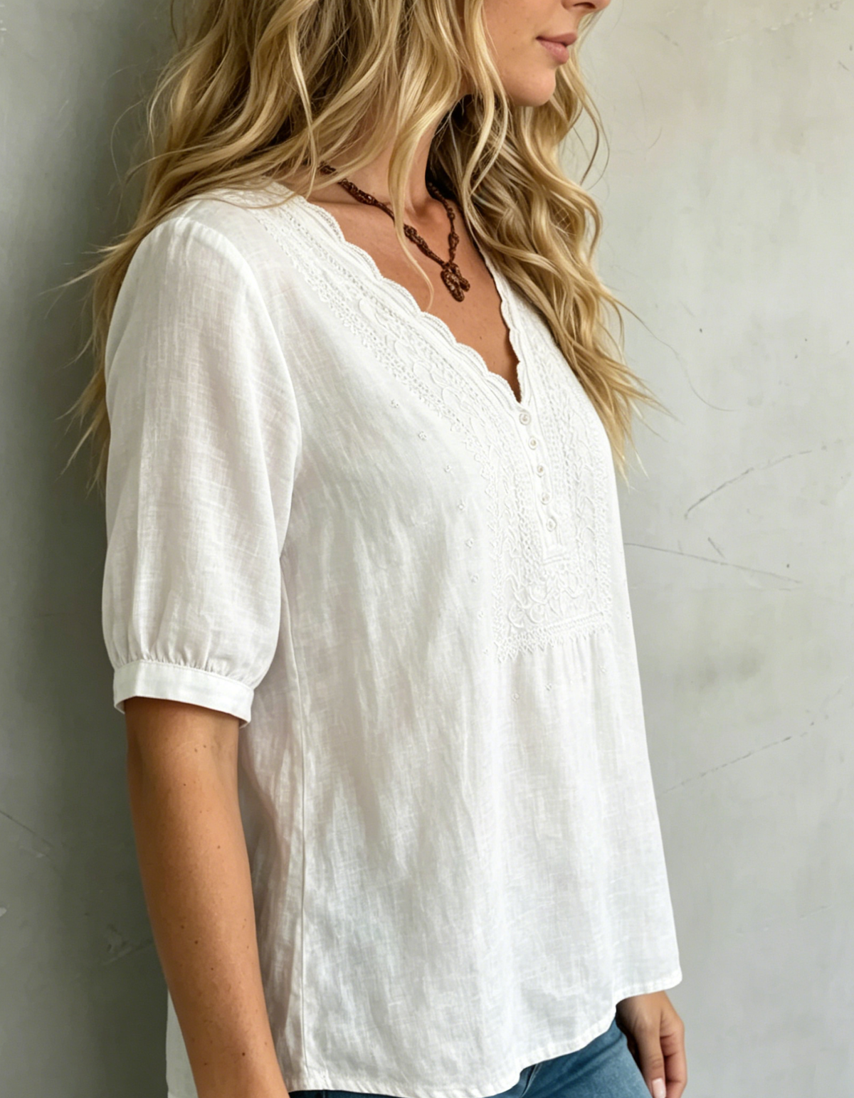 Women's Retro Linen Short-sleeve Shirt With Embroidered V-neck Cotton-linen Top