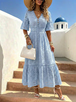 Women’s V-neck Short-sleeve Cut-out Details And Single-breasted Closure Lace Dress
