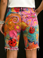 Women's Floral Ladybug Art Print Casual Denim Shorts