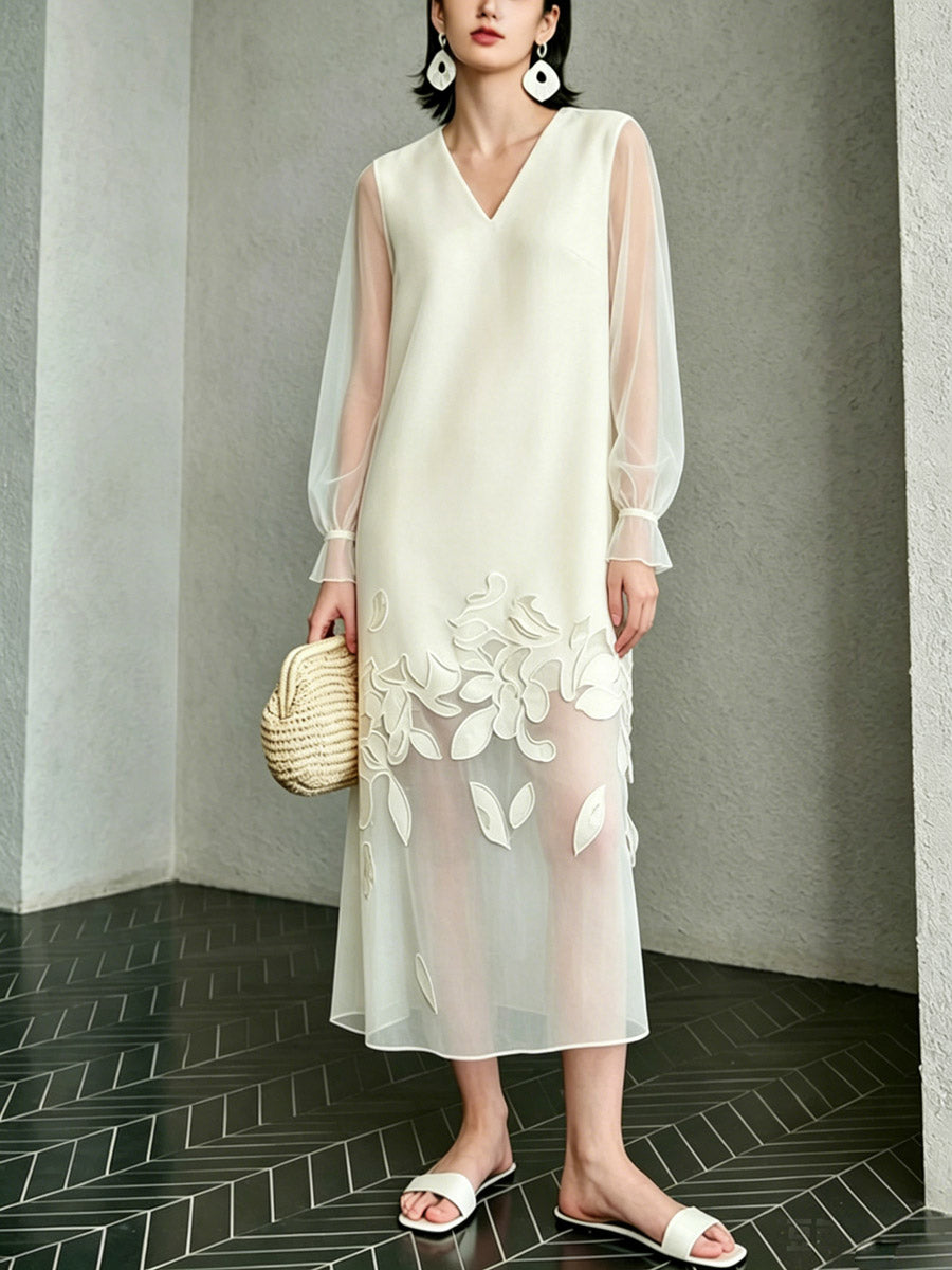 Women's Floral Pattern Art Casual Stylish Patchwork Sheer Long Sleeve Dress