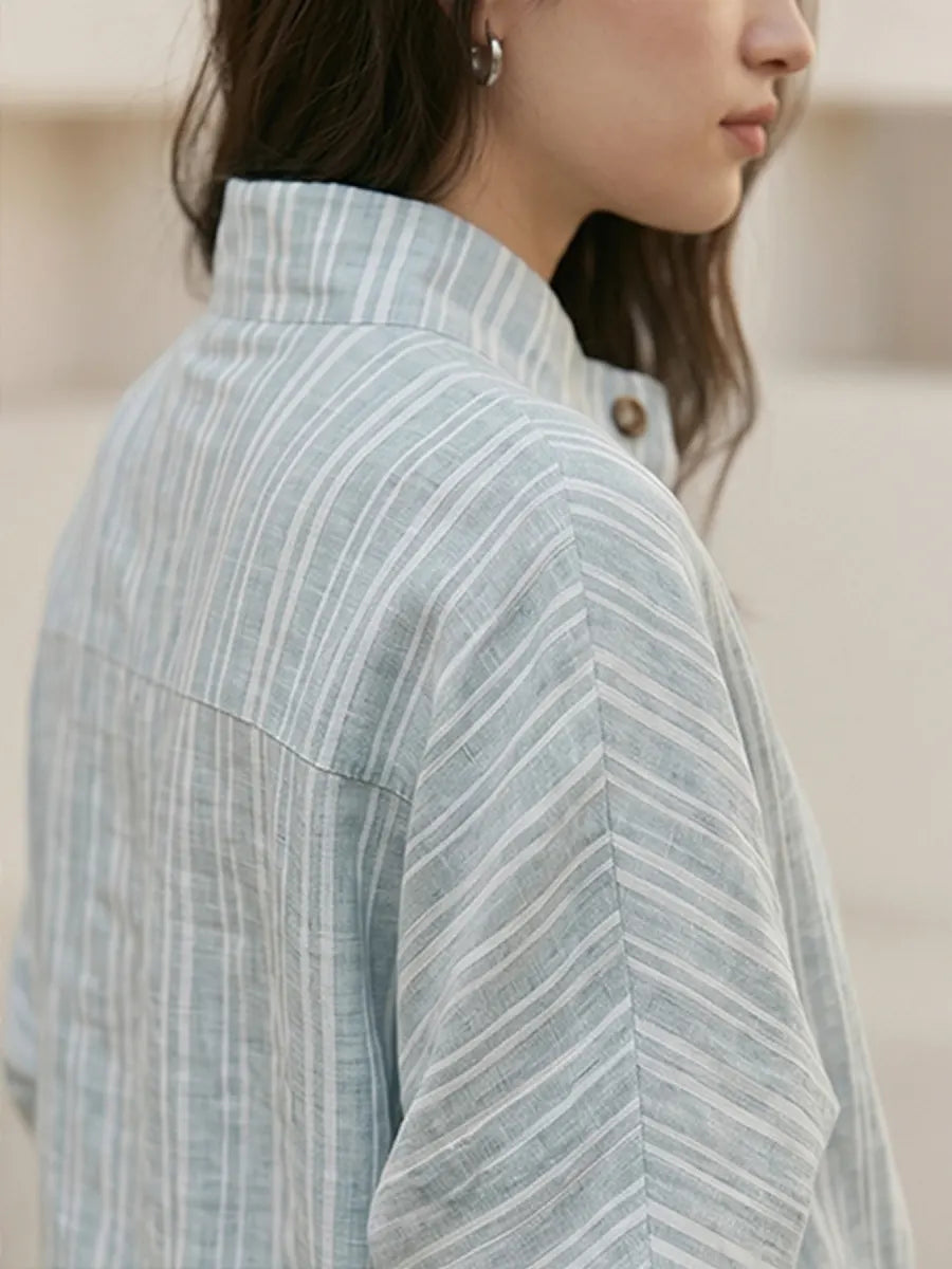 Striped Linen-cotton Rerlaxed Shirt & Wide-leg Pants Setstriped Linen-cotton Relaxed Shirt & Wide-leg Pants Set – Minimal Stand Collar Lounge Suit