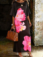 Women’s Elegant Round-neck Batwing Sleeve Flower Printed Loose Maxi Dress