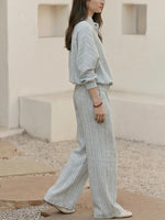 Striped Linen-cotton Rerlaxed Shirt & Wide-leg Pants Setstriped Linen-cotton Relaxed Shirt & Wide-leg Pants Set – Minimal Stand Collar Lounge Suit